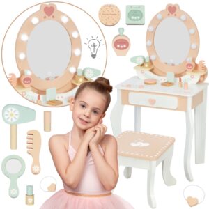 TOOKY TOY Puidust tualettlaud tooliga Aksessuaarid LED valgustusega peegel + Kosmeetika